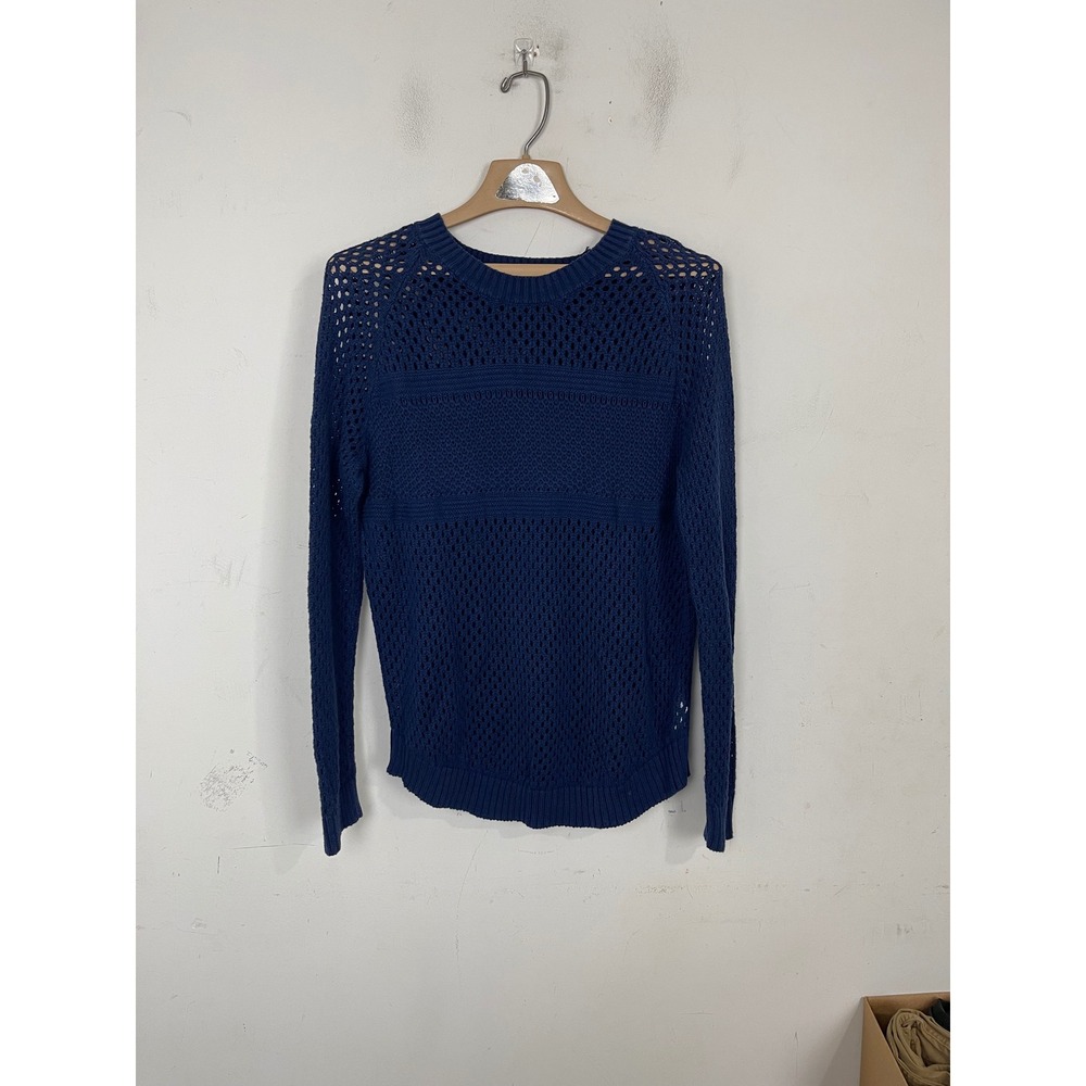 Prana Women Indigo Blue‎ Organic Cotton Open Knit Crochet Sweater Small RN124977